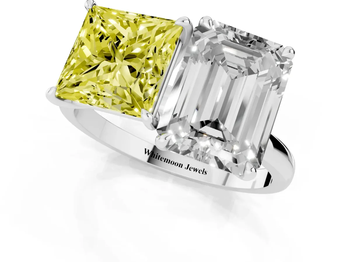 Fancy Yellow Princess Cut and Emerald Cut Toi Moi Ring with Prong Setting Silver