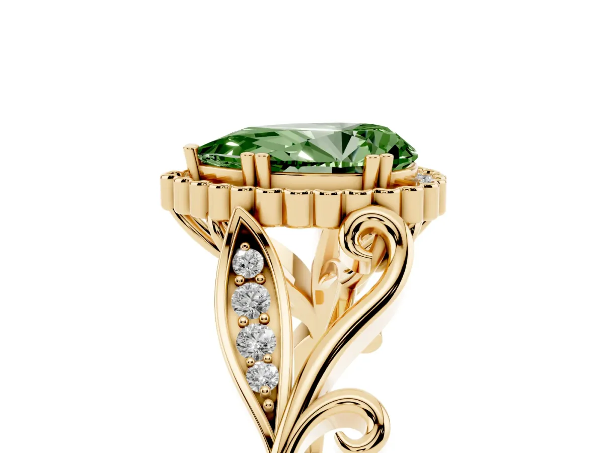 Fancy Green Pear Cut Diamond Halo Ring with Vintage Split Shank and Four-Prong Setting Yellow gold