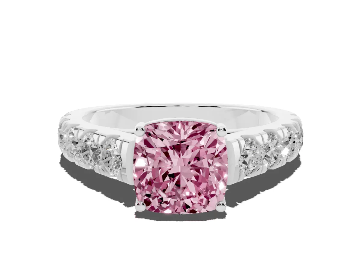 Fancy Pink Cushion Cut Cut Diamond Solitaire Ring with Micro Pave Band and Prong Setting Silver