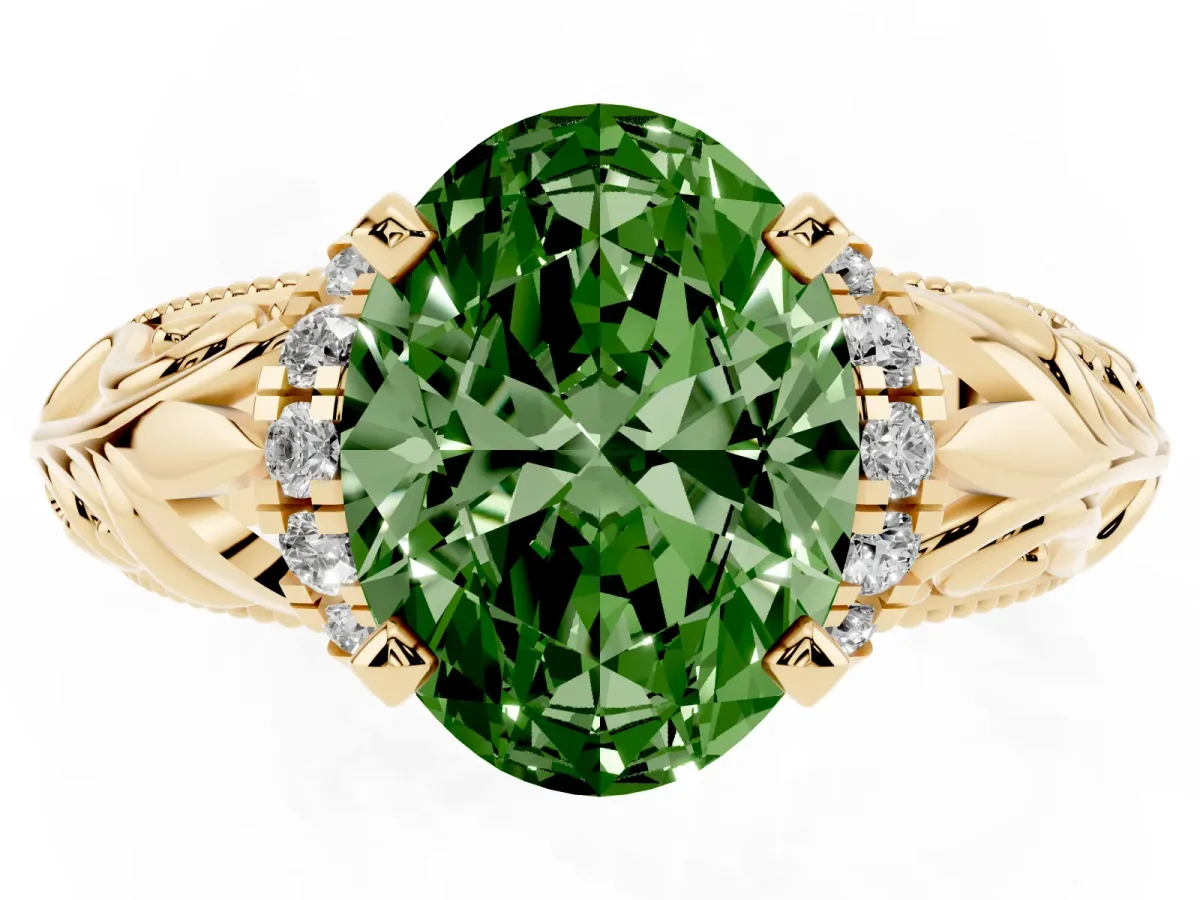 Fancy Green Oval Cut Solitaire Filigree Engagement Ring with Halo and Prong Setting Yellow gold