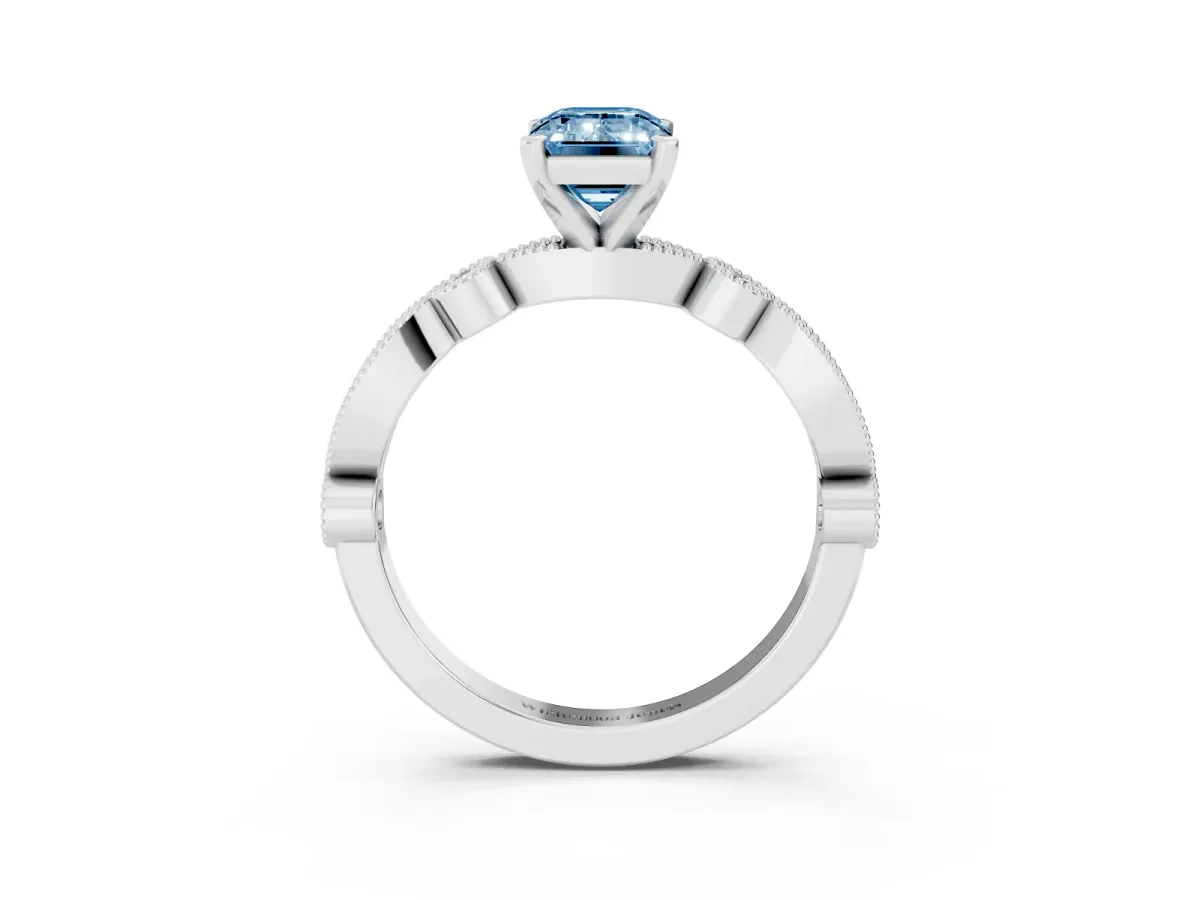 Fancy Blue Emerald Cut Milgrain Bezel Diamond Engagement Ring with Solitaire Prong Setting Silver