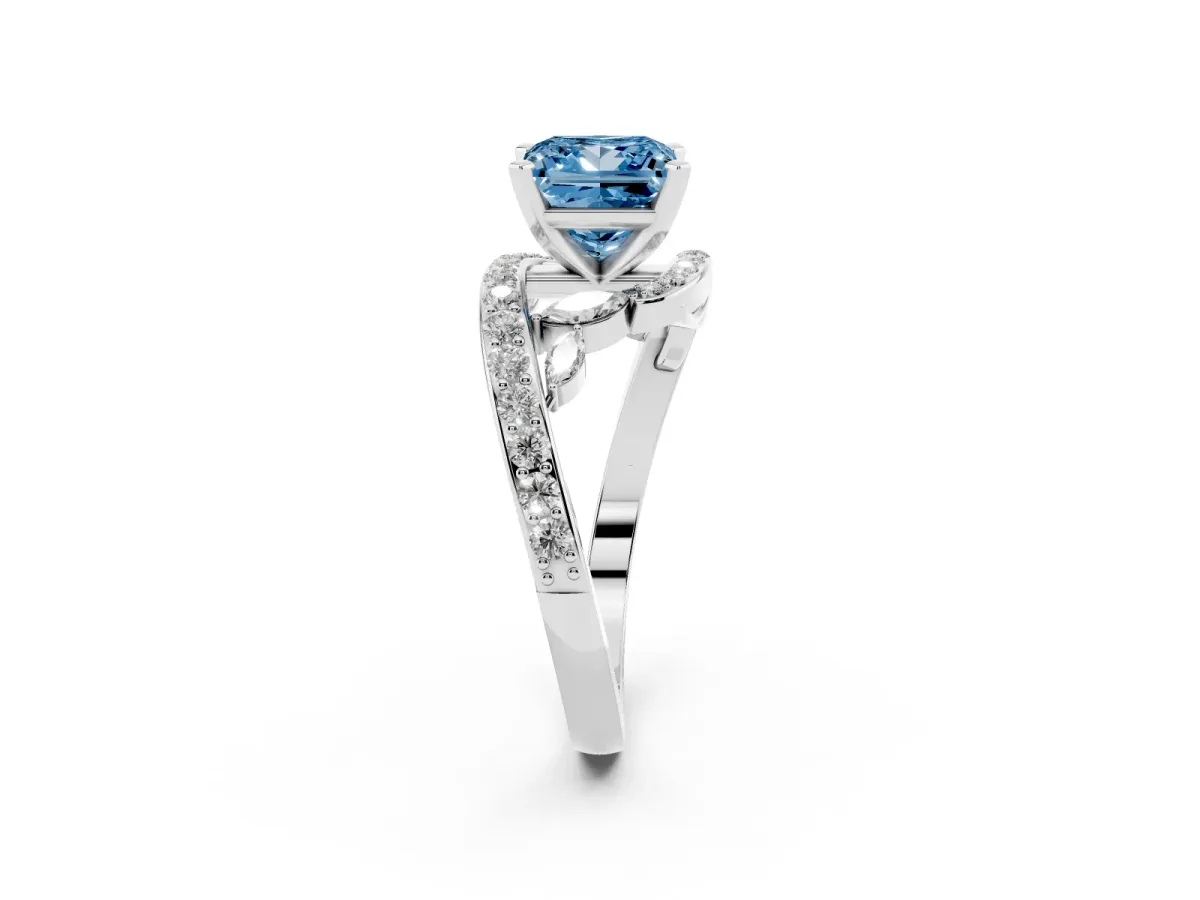 Fancy Blue Princess Cut Solitaire with Pavé Twist Band and Four-Prong Setting Platinum