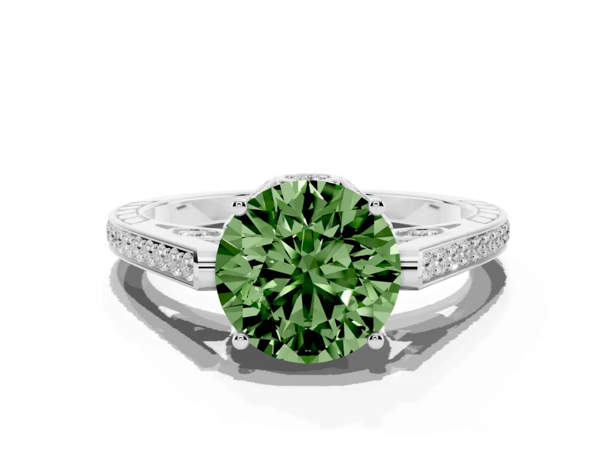 Fancy Green Round Cut Cut Cathedral Pave Diamond Engagement Ring with Six-Prong Setting Silver
