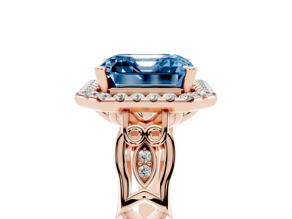 Fancy Blue Asscher Cut Halo Diamond Engagement Ring with Filigree Band and Four-Prong Setting Rose gold