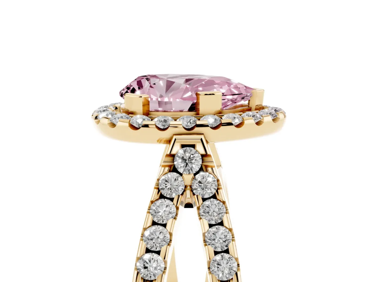 Fancy Pink Pear Cut Diamond Halo Ring with Split Shank Pavé Band and Prong Setting Yellow gold