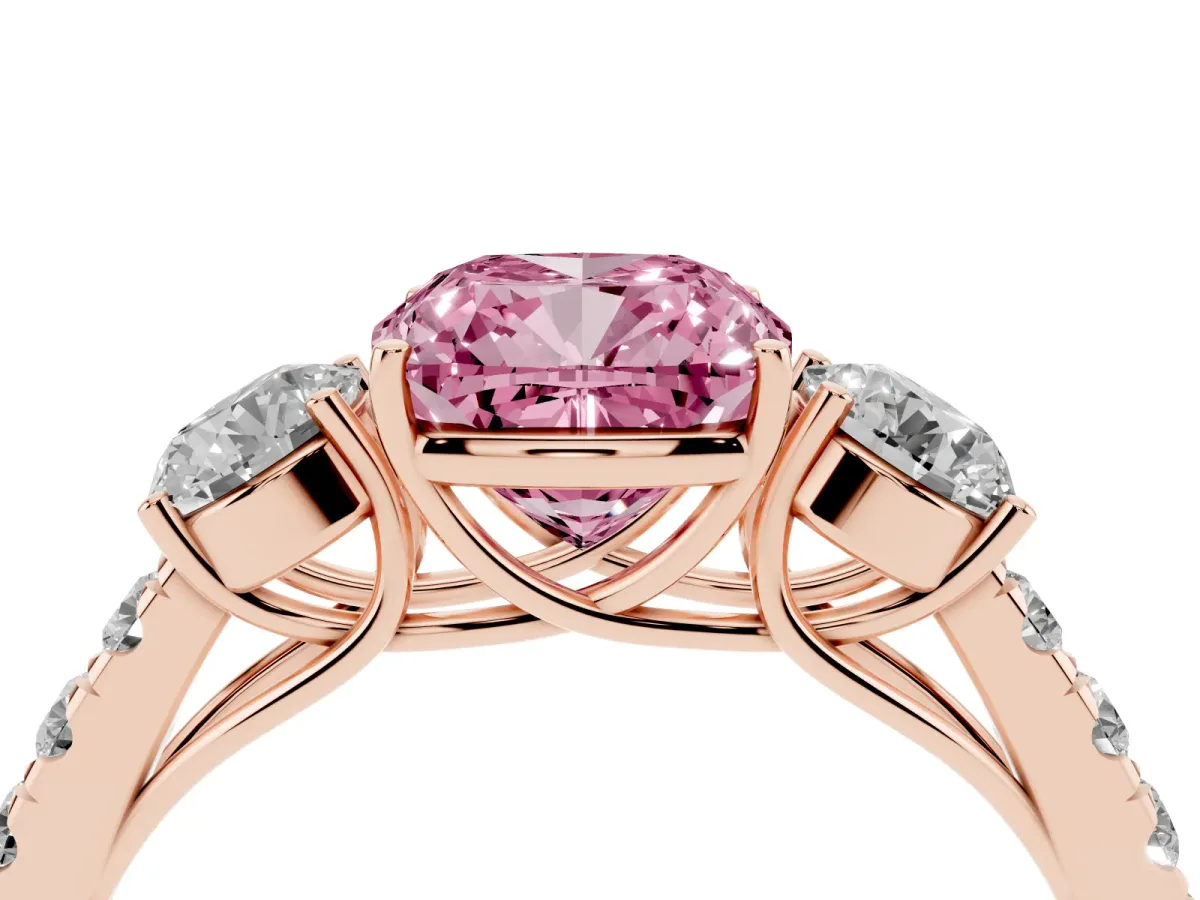 Fancy Pink Cushion Cut Cut Diamond Three-Stone Ring with Round Side Stones and Pavé Band Rose gold