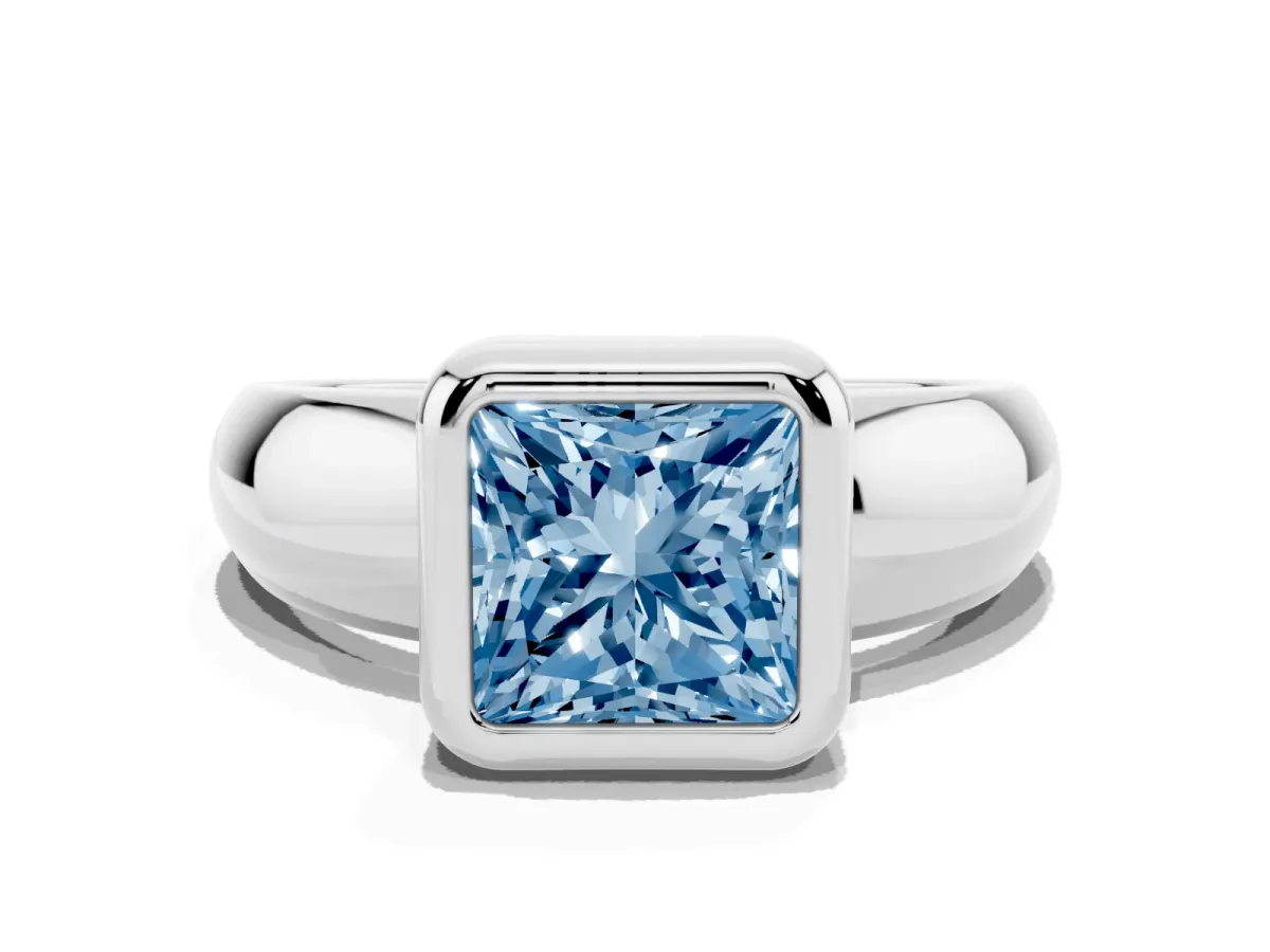 Fancy Blue Bezel Set Princess Cut Solitaire Ring with Wide Band Silver