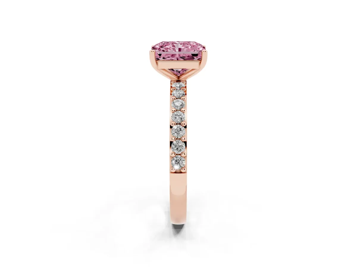 Fancy Pink Radiant Cut Cut Diamond Solitaire with Pave Band and Four-Prong Setting Rose gold