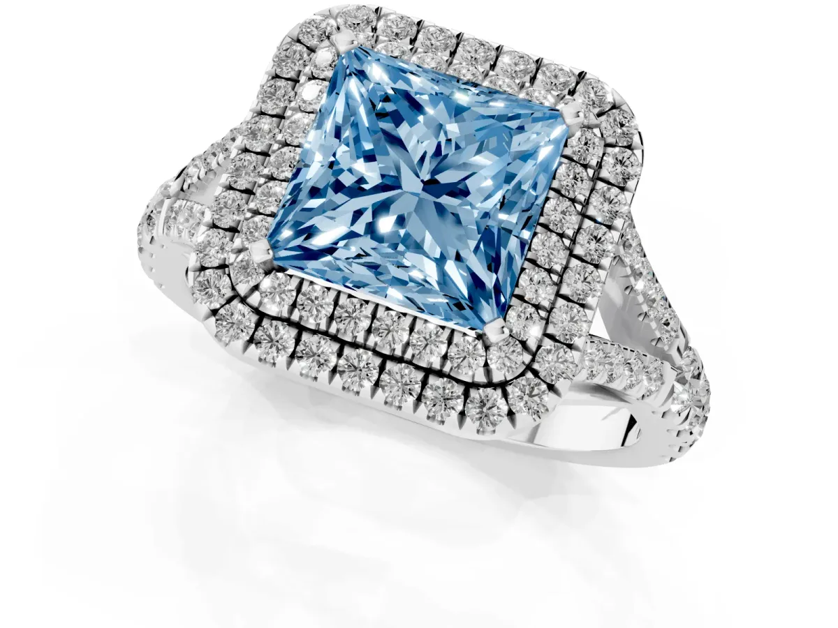 Fancy Blue Princess Cut Cut Double Halo Split Shank Diamond Ring with Prong Setting Silver