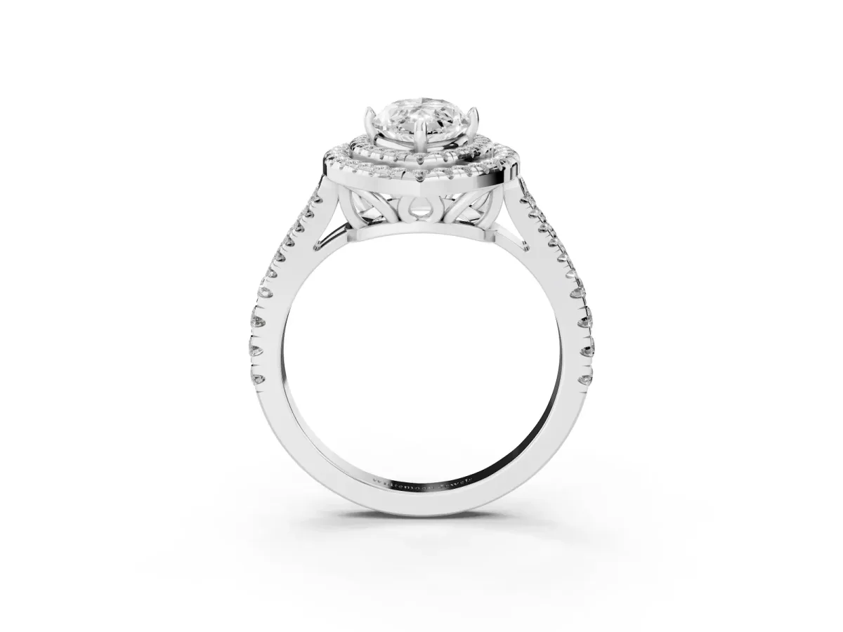 Marquise Cut Diamond Double Halo Ring with Pavé Band and Prong Setting Silver