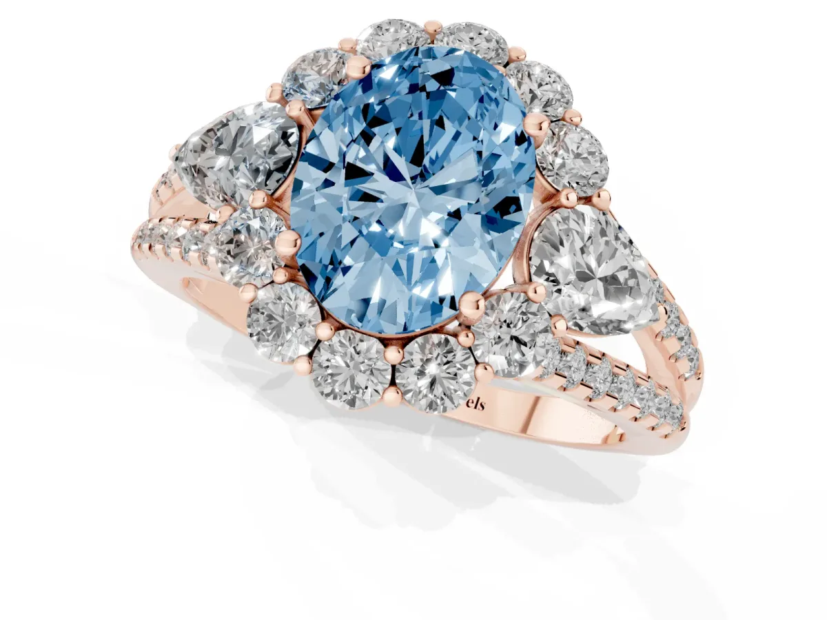 Fancy Blue Oval Cut Halo Split Shank Diamond Engagement Ring with Prong Setting Rose gold