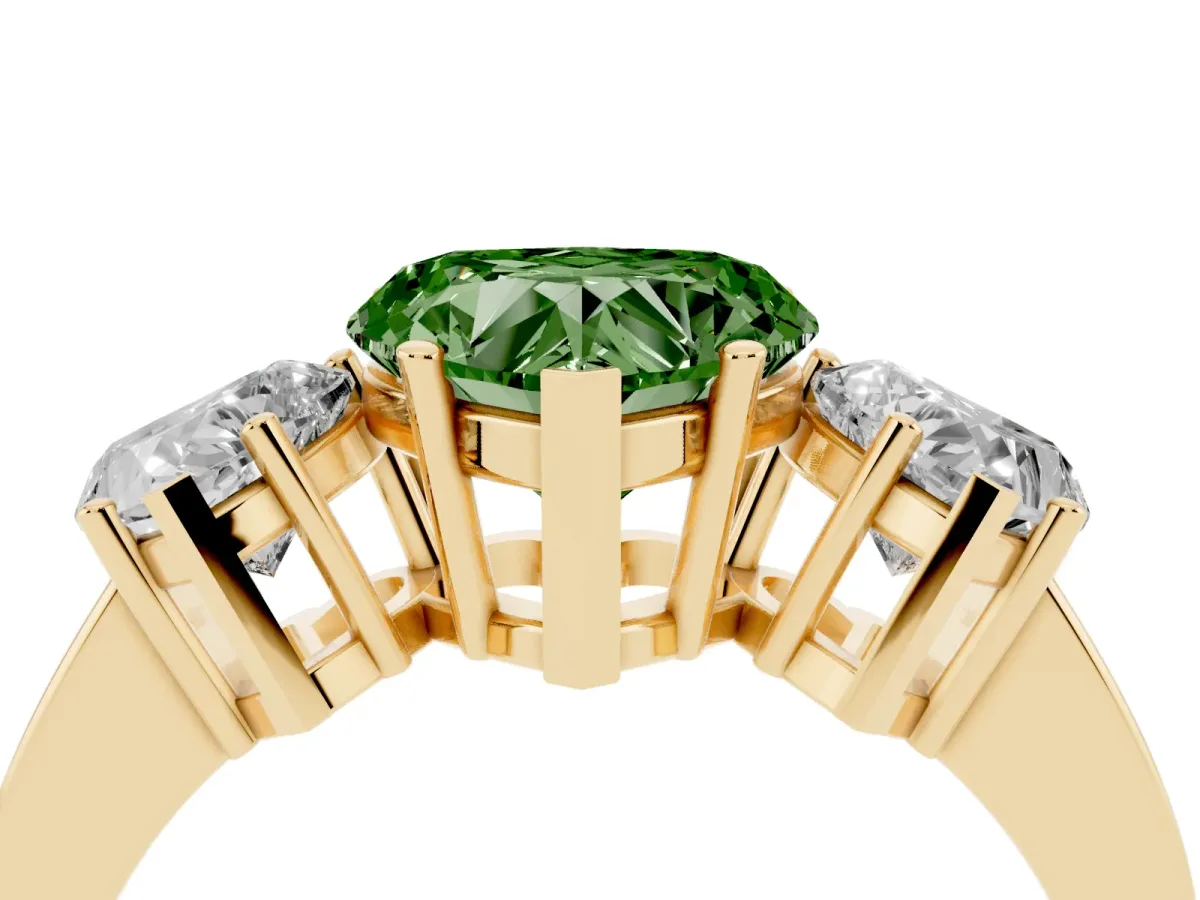 Fancy Green Three-Stone Heart Cut Cut Diamond Engagement Ring with Flat Band and Four-Prong Setting Yellow gold