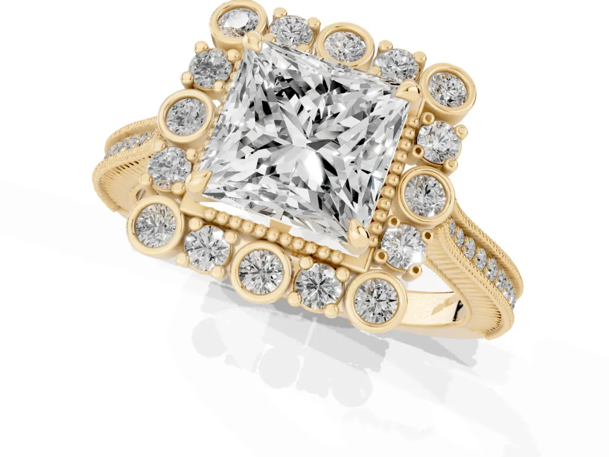 Princess Cut Halo Milgrain Pave Diamond Ring with Four-Prong Setting Yellow gold