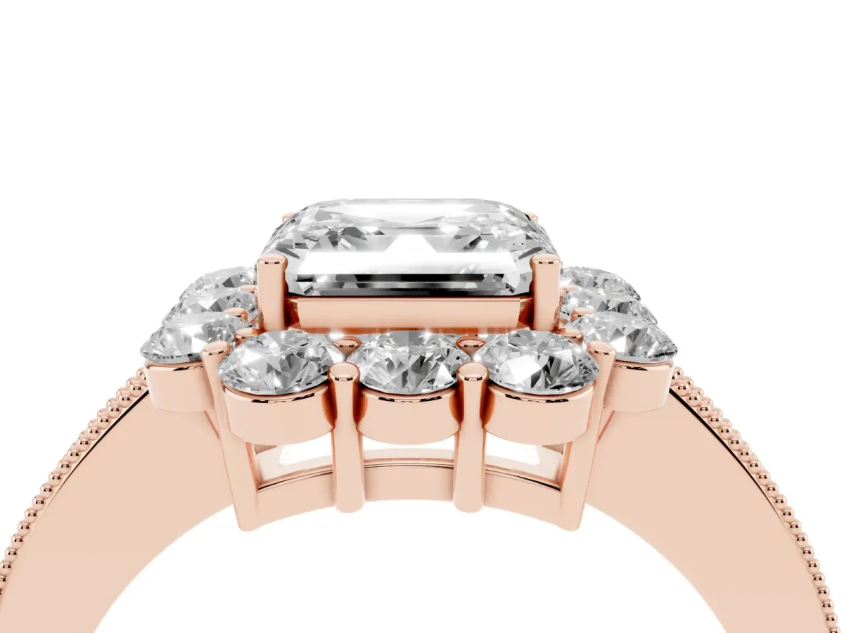 Asscher Cut Cut Halo Diamond Pavé Engagement Ring with Milgrain Detailing Rose gold