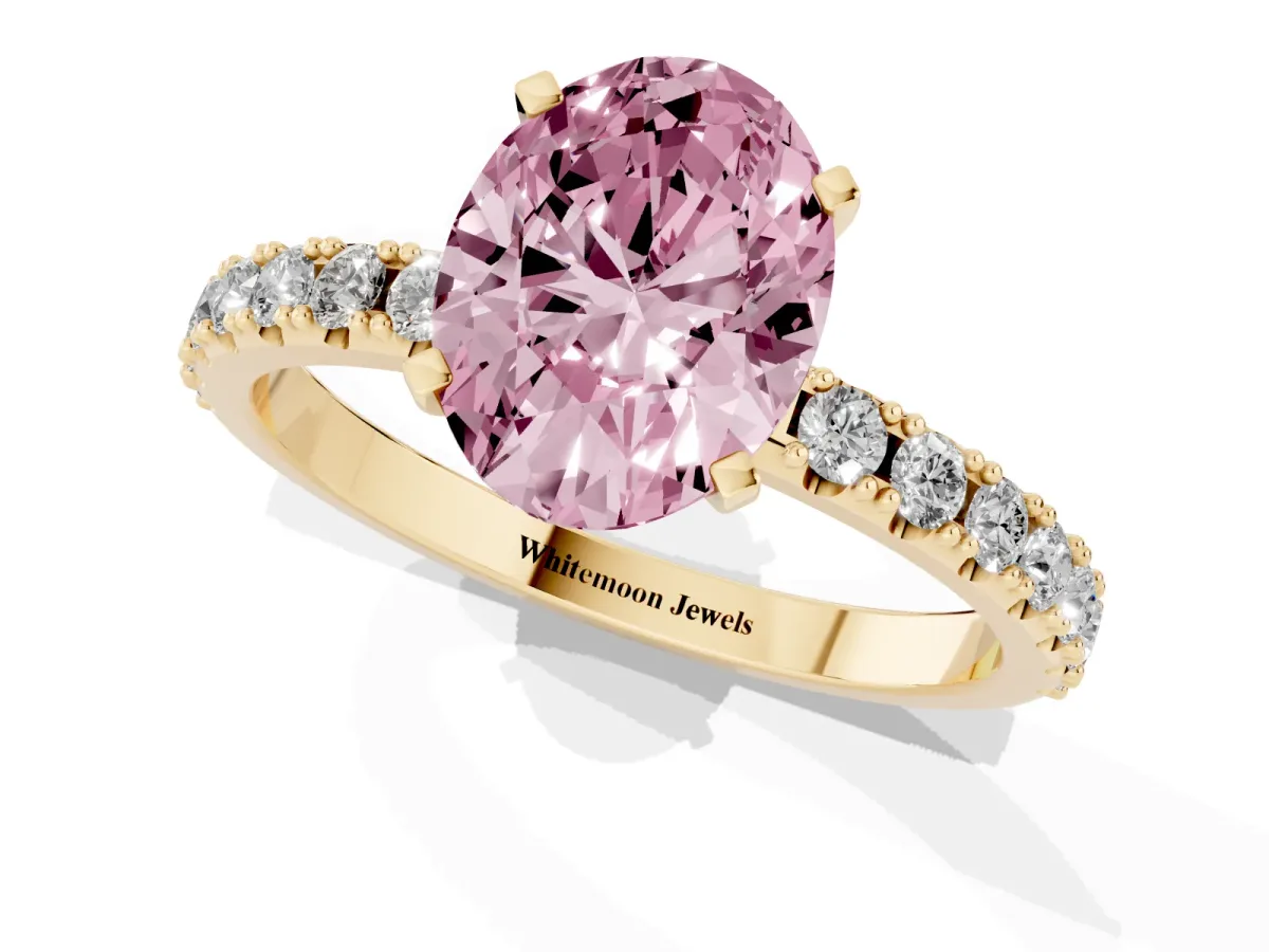 Fancy Pink Oval Cut Diamond Solitaire Pavé Band with Four-Prong Setting Yellow gold