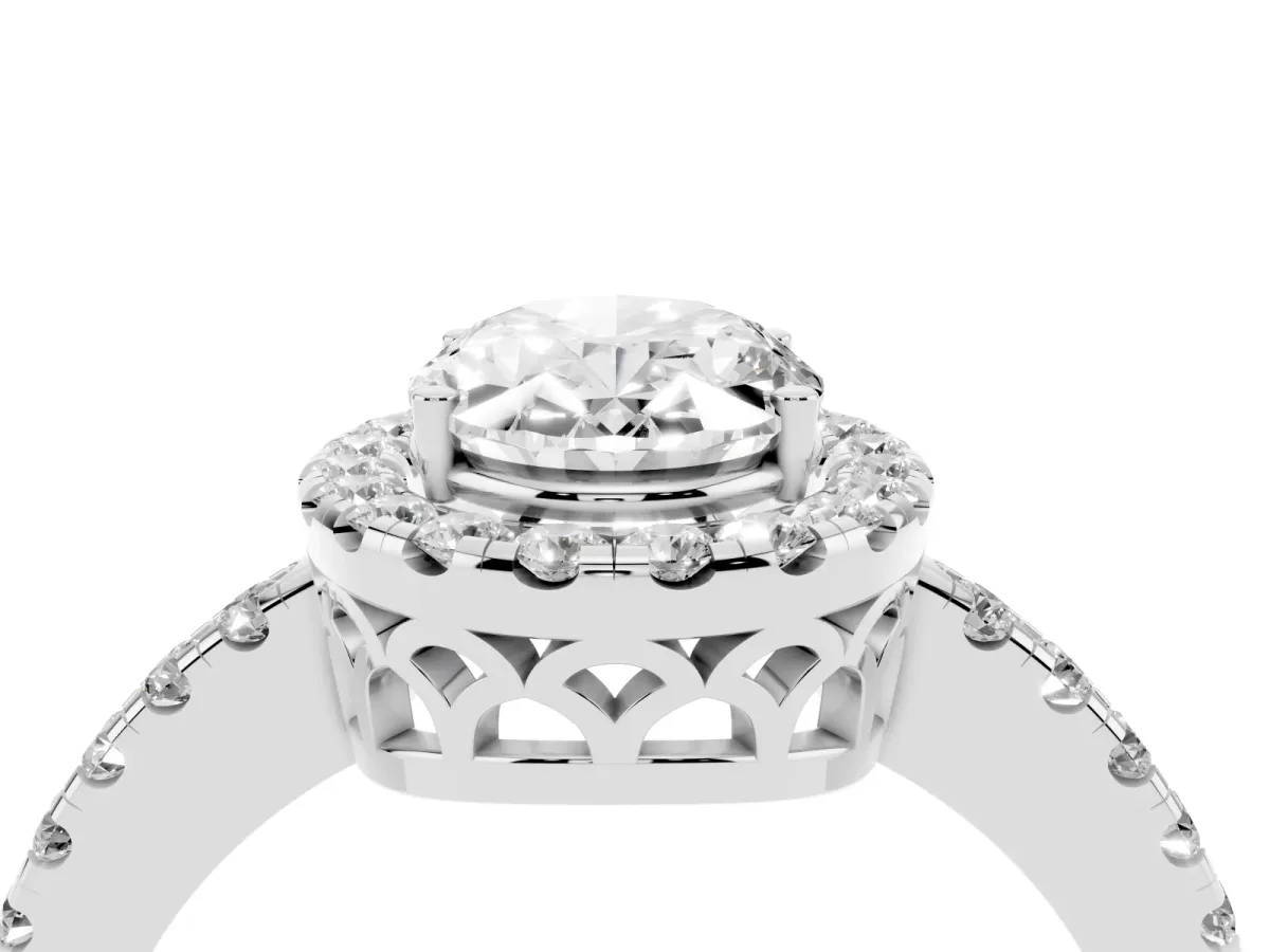 Oval Cut Halo Diamond Engagement Ring with Pavé Band and Four-Prong Setting Silver