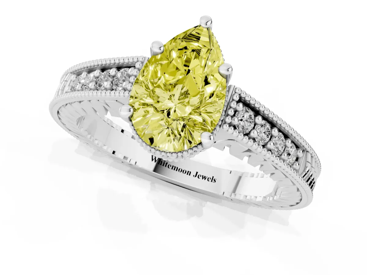 Fancy Yellow Pear Cut Solitaire Pavé Diamond Milgrain Engagement Ring with Four-Prong Setting Silver