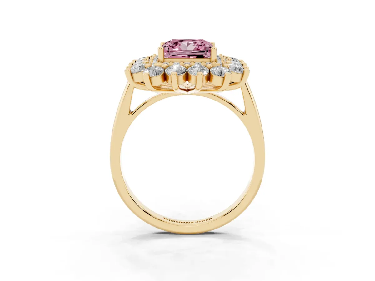Fancy Pink Princess Cut Diamond Floral Double Halo Engagement Ring with Prong Setting Yellow gold