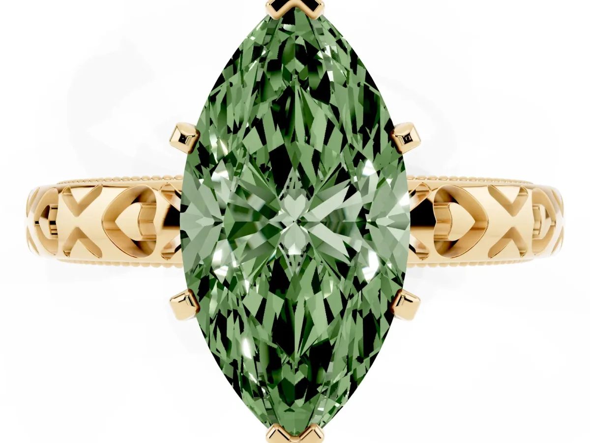 Fancy Green Marquise Cut Solitaire Diamond Engagement Ring with XO Engraved Band and Four-Prong Setting Yellow gold