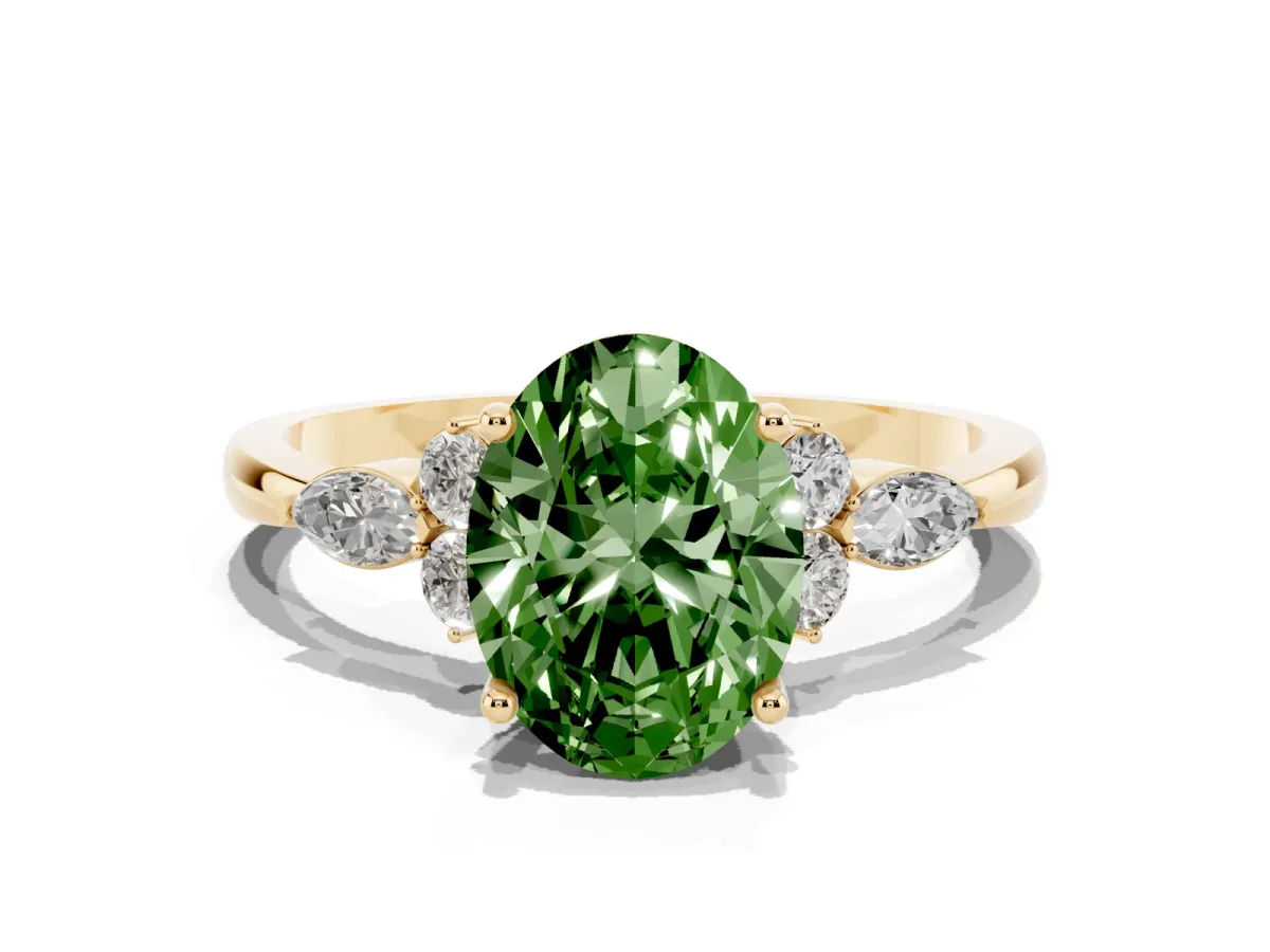 Fancy Green Oval Cut Brilliant Diamond Solitaire Ring with Pear Side Stones and Four-Prong Setting Yellow gold