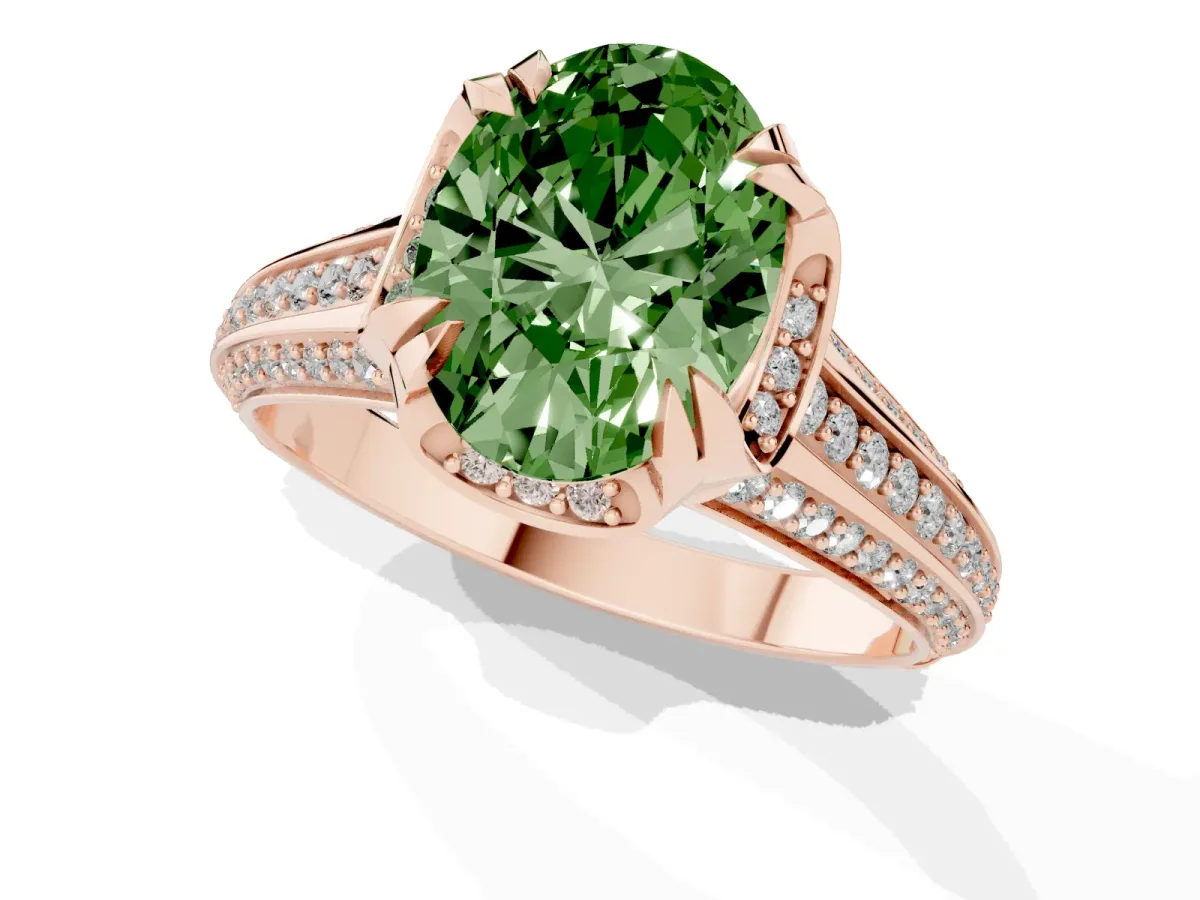 Fancy Green Oval Cut Solitaire Pave Split Shank Ring with Four-Prong Setting Rose gold