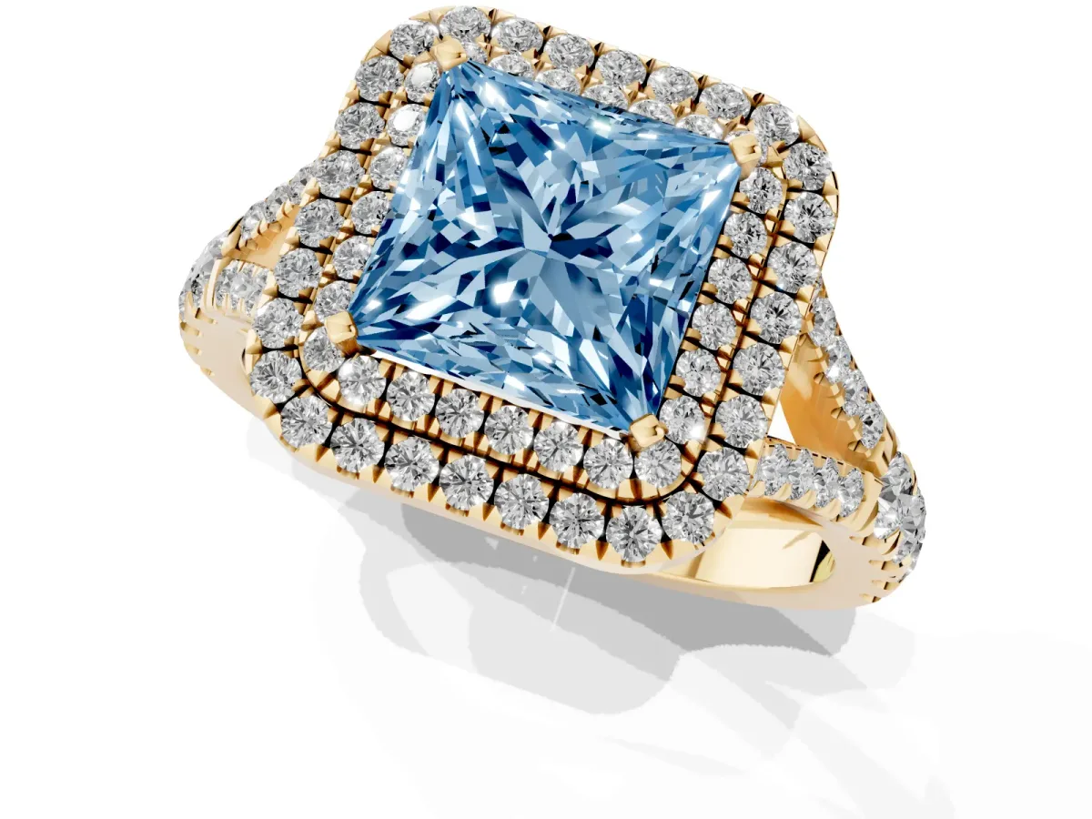 Fancy Blue Princess Cut Diamond Double Halo Ring with Split Shank and Prong Setting Yellow gold