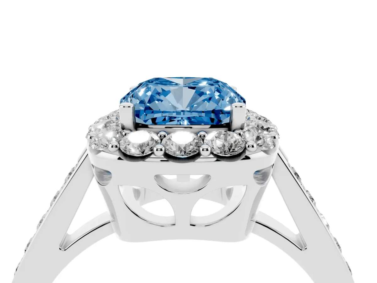 Fancy Blue Cushion Cut Diamond Floral Halo Ring with Pavé Band and Prong Setting White gold
