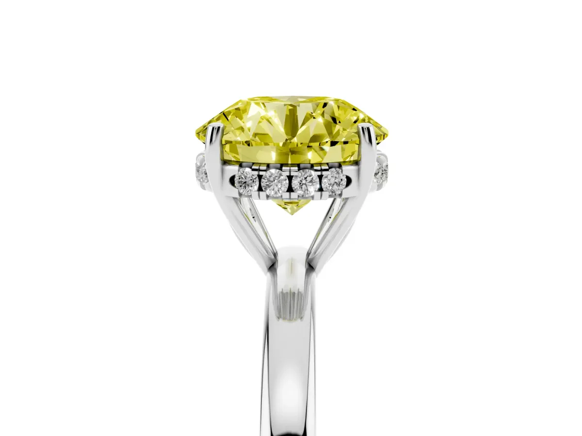 Fancy Yellow Round Cut Solitaire Diamond Ring with Prong Setting and Plain Band Silver