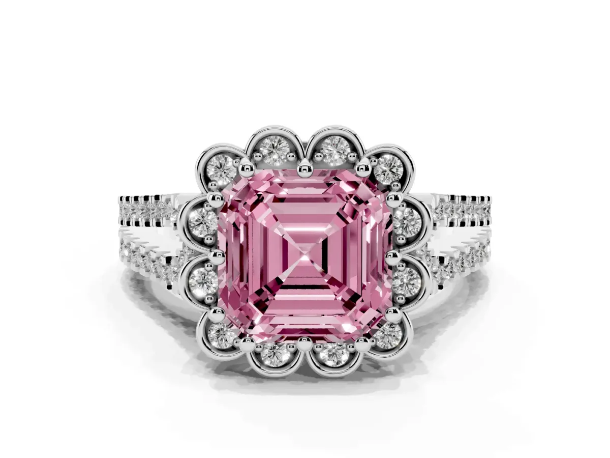 Fancy Pink Asscher Cut Halo Diamond Floral Split Shank Engagement Ring Silver