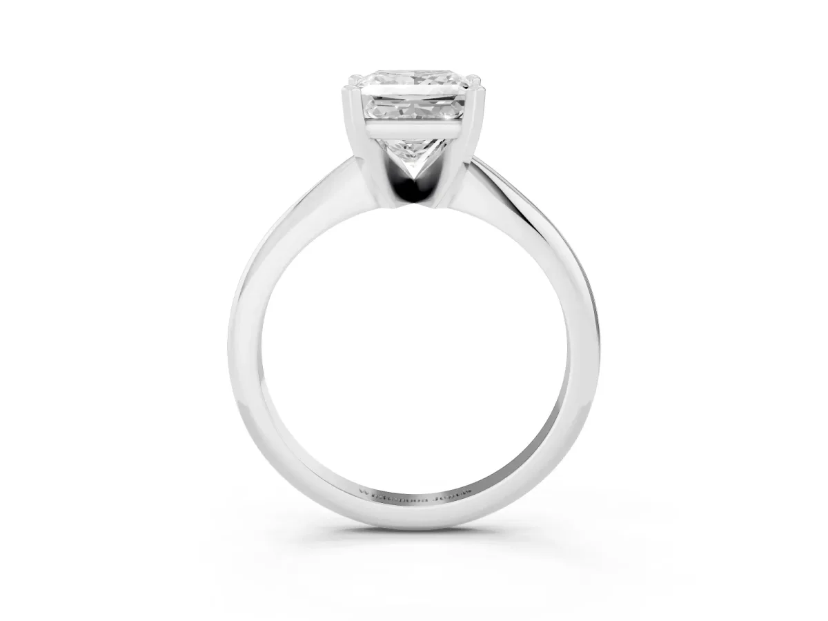 Princess Cut Cut Solitaire Ring with Four-Prong Setting on a Classic Band Platinum