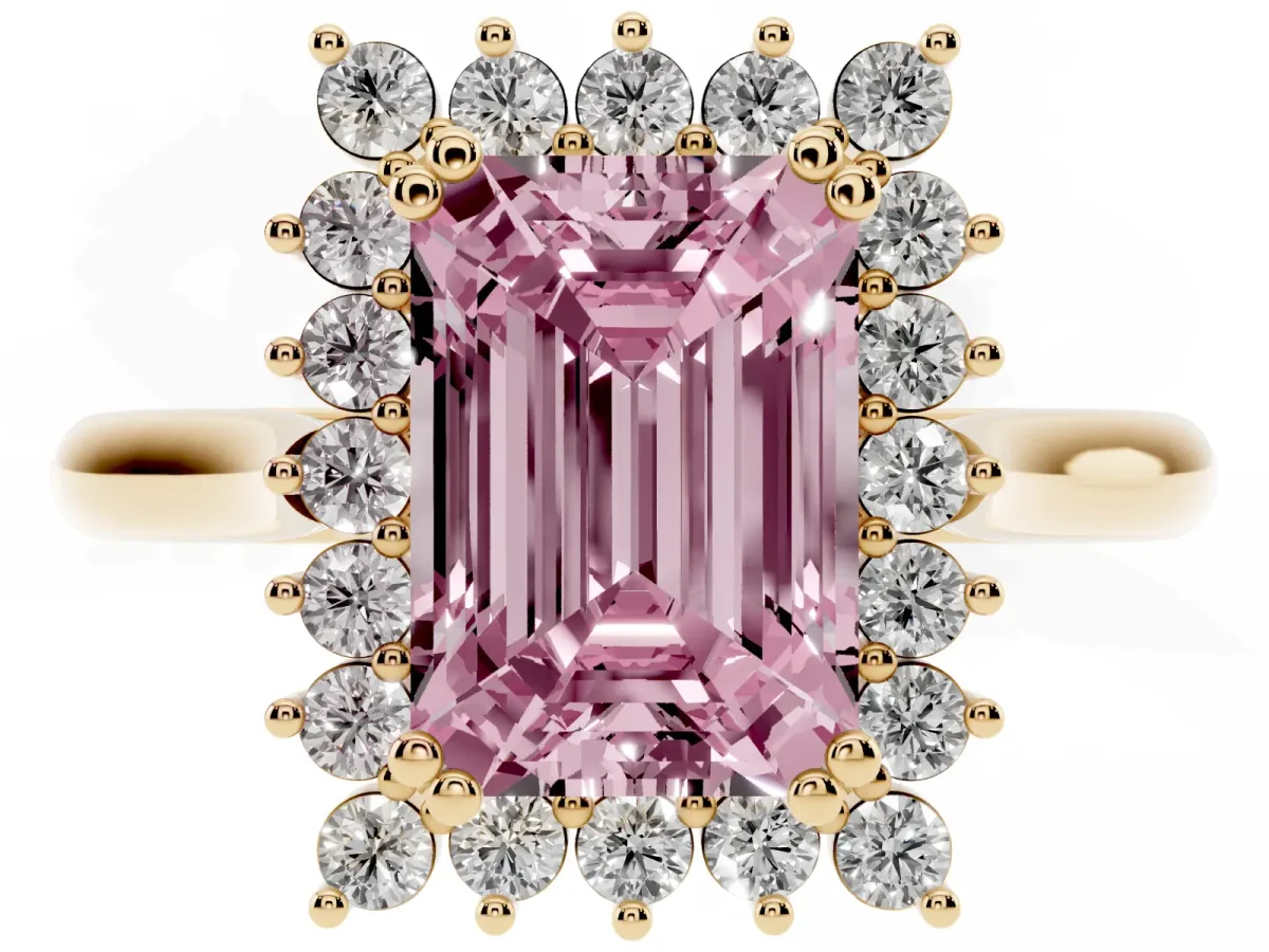 Fancy Pink Emerald Cut Cut Diamond Halo Ring with Solitaire Band and Prong Setting Yellow gold