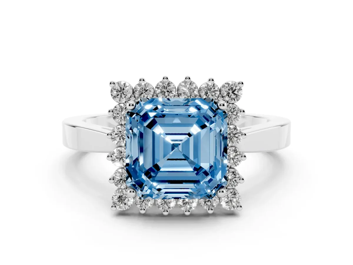Fancy Blue Asscher Cut Cut Diamond Halo Ring with Round Brilliant Halo and Solitaire Band Silver
