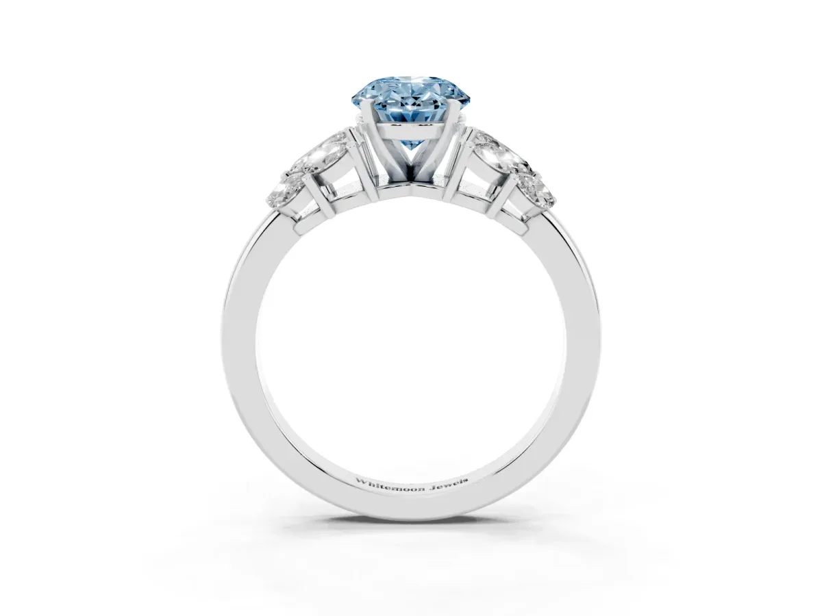 Fancy Blue Oval Cut Diamond Cluster Leaf Design Ring with Prong Setting Silver