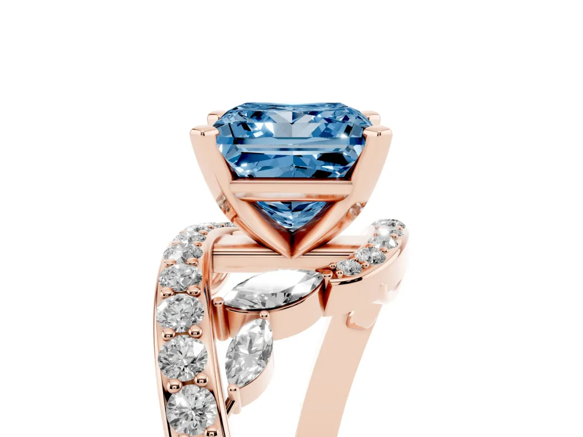 Fancy Blue Princess Cut Solitaire with Pavé Twist Band and Four-Prong Setting Rose gold