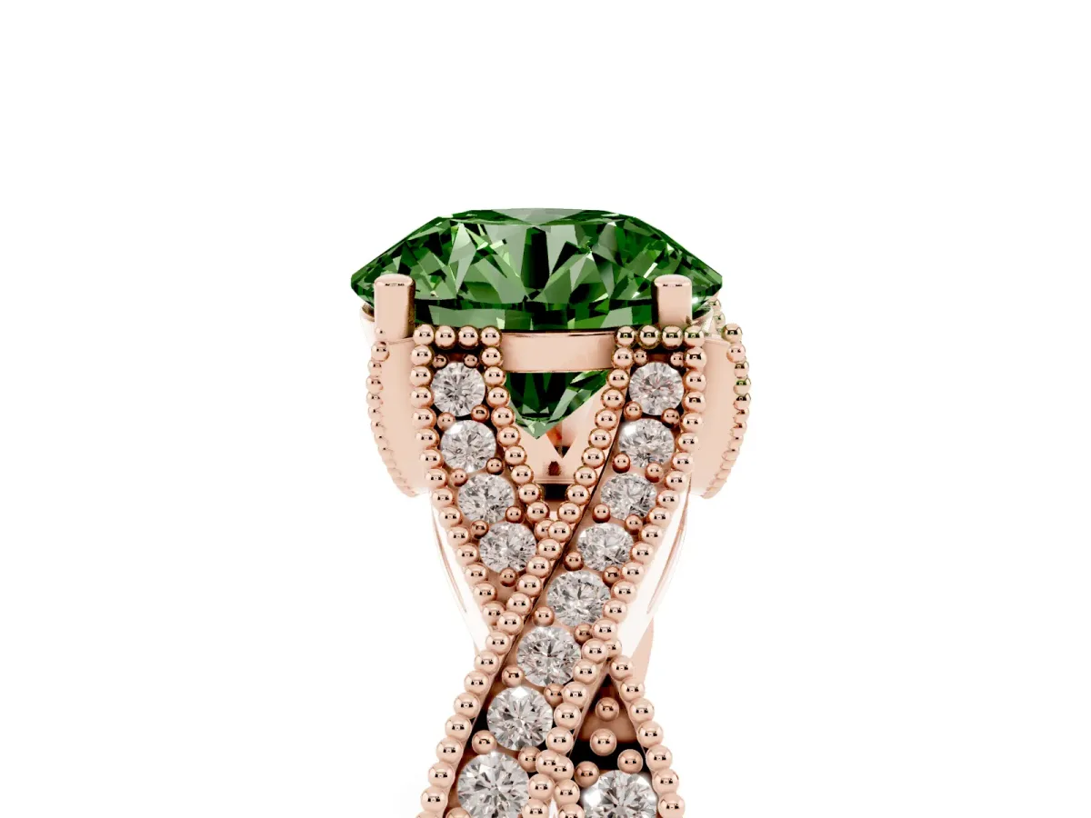 Fancy Green Round Cut Cut Diamond Twisted Band with Milgrain Pave Setting and Four-Prong Setting Rose gold