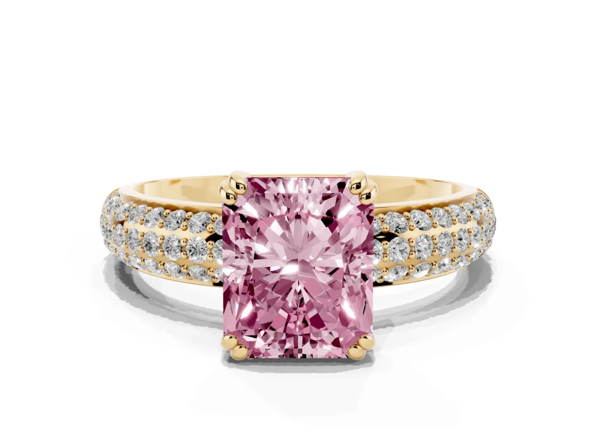 Fancy Pink Radiant Cut Diamond Solitaire Ring with Multi-Row Round Pavé Band and Prong Setting Yellow gold