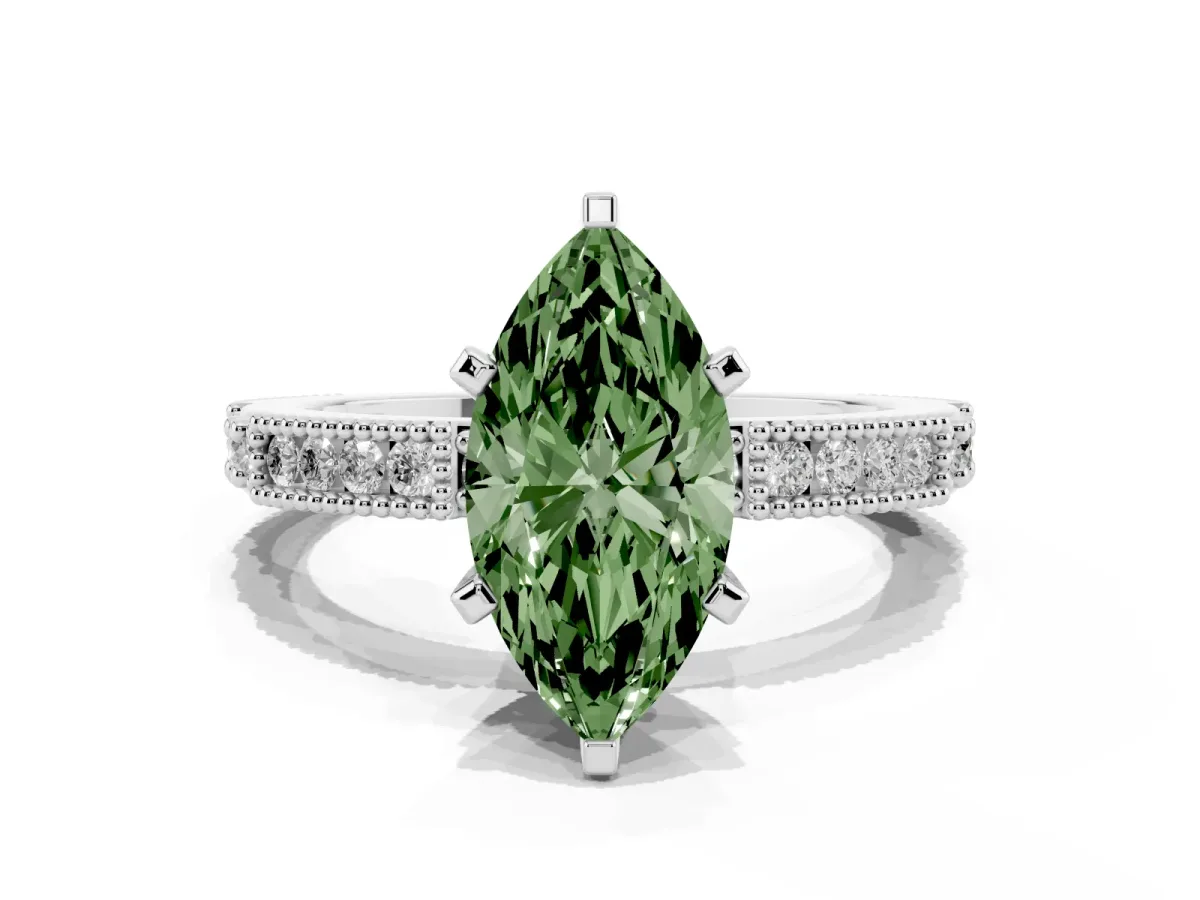 Fancy Green Marquise Cut Solitaire with Pavé Band and Four-Prong Setting Silver