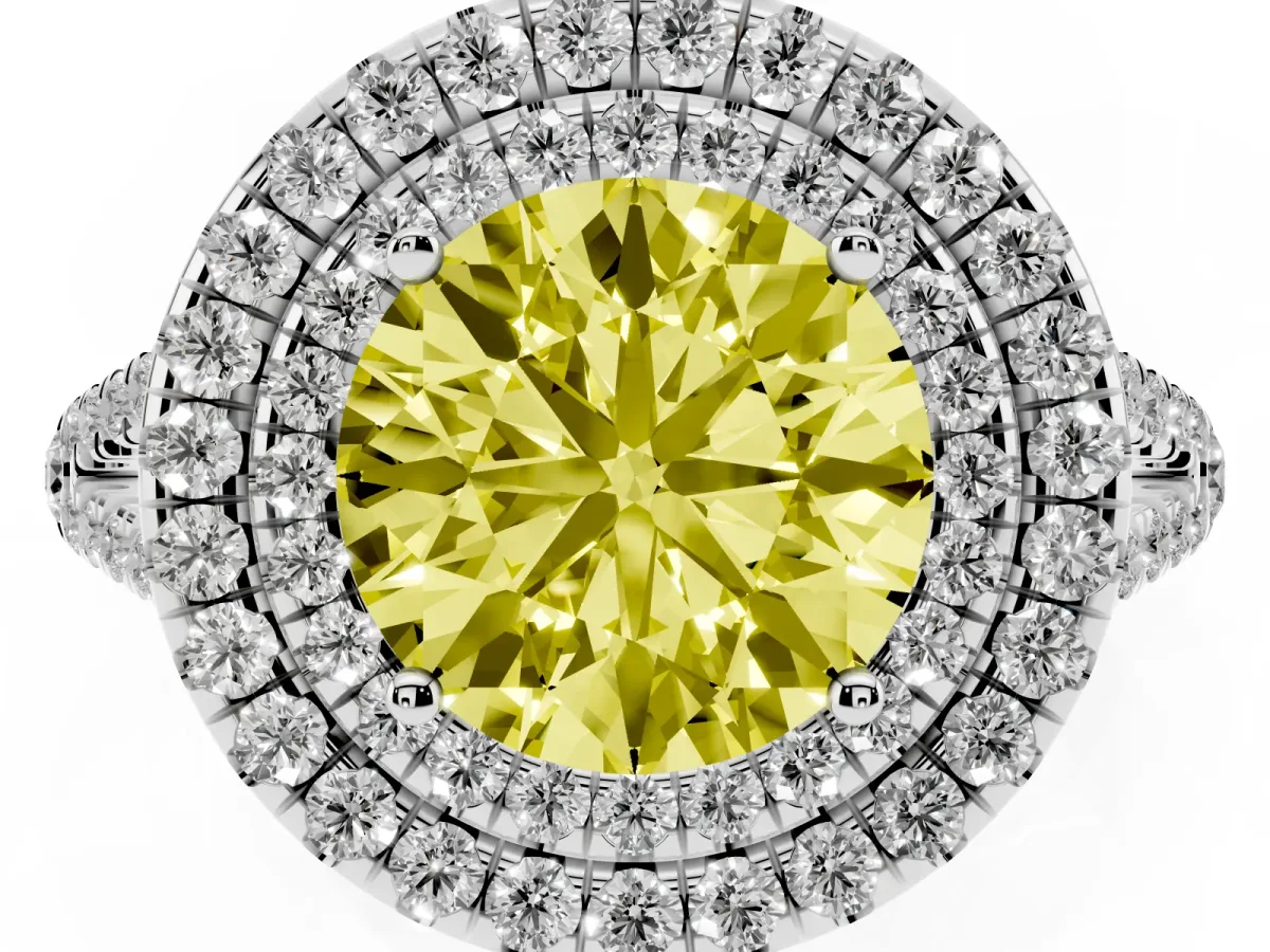 Fancy Yellow Round Cut Diamond Double Halo Ring with Pavé Band and Prong Setting Platinum