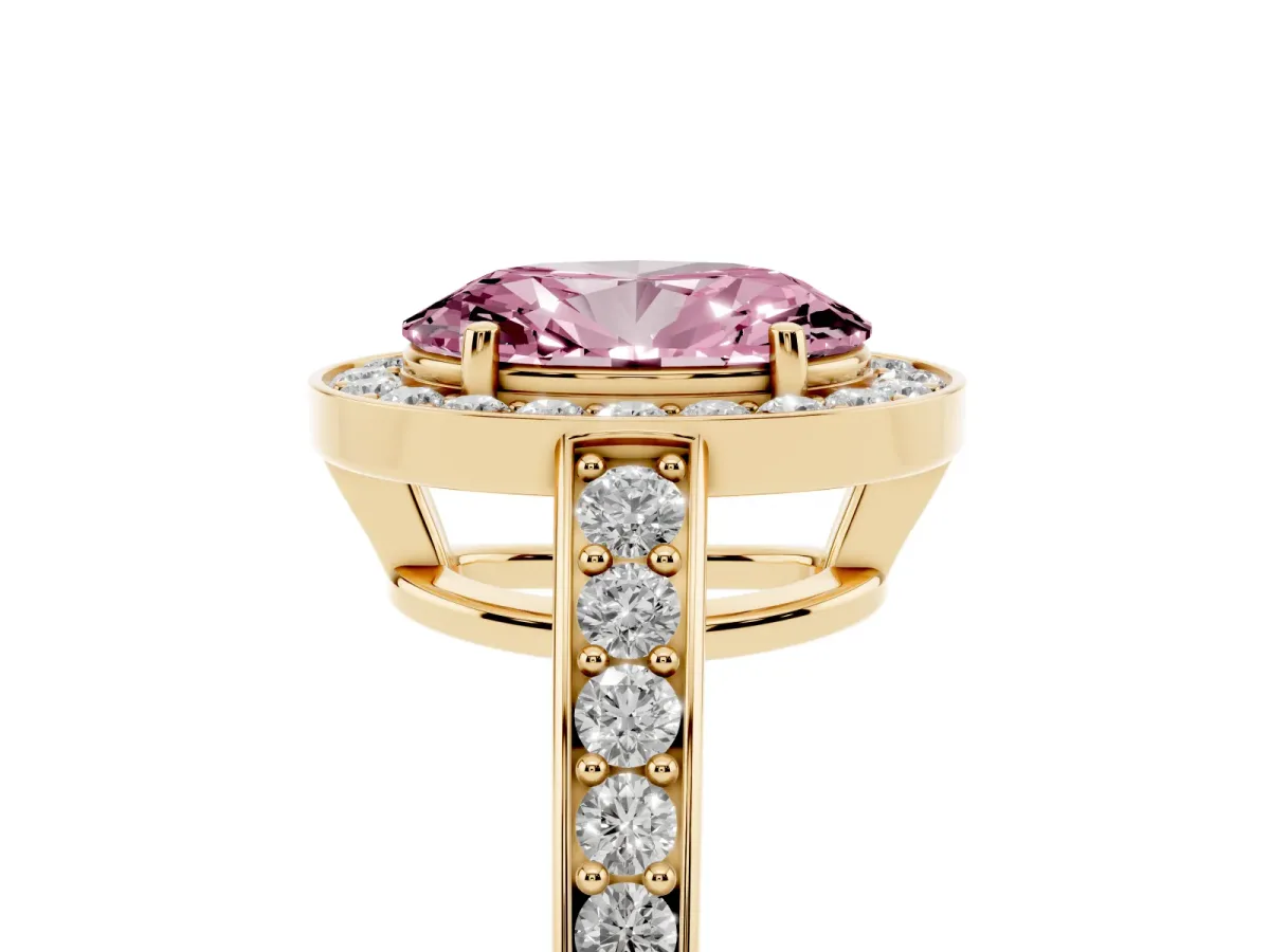Fancy Pink Oval Cut Halo Pavé Diamond Engagement Ring with Bezel Setting Yellow gold