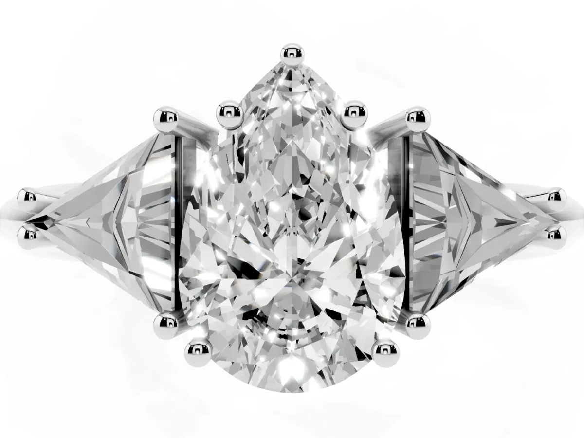 Three-Stone Pear Cut Diamond Engagement Ring with Trillion Side Stones and Prong Setting Silver