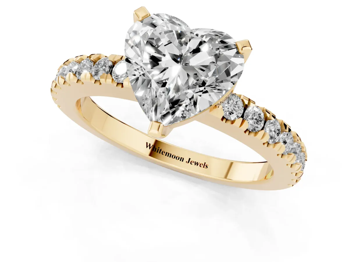 Heart Cut Solitaire Diamond with Pavé Band and Four-Prong Setting Yellow gold