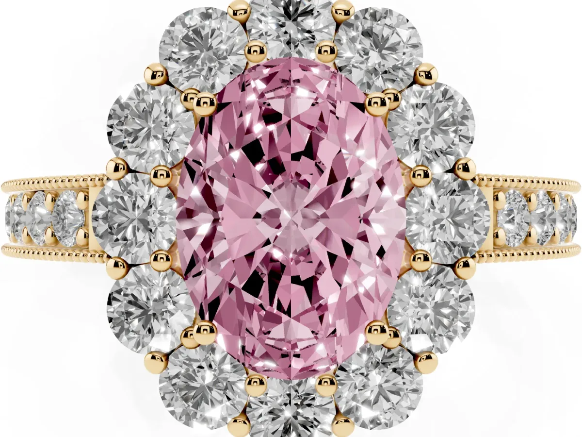 Fancy Pink Oval Cut Cut Halo Diamond Pavé Engagement Ring with Milgrain Detailing Yellow gold