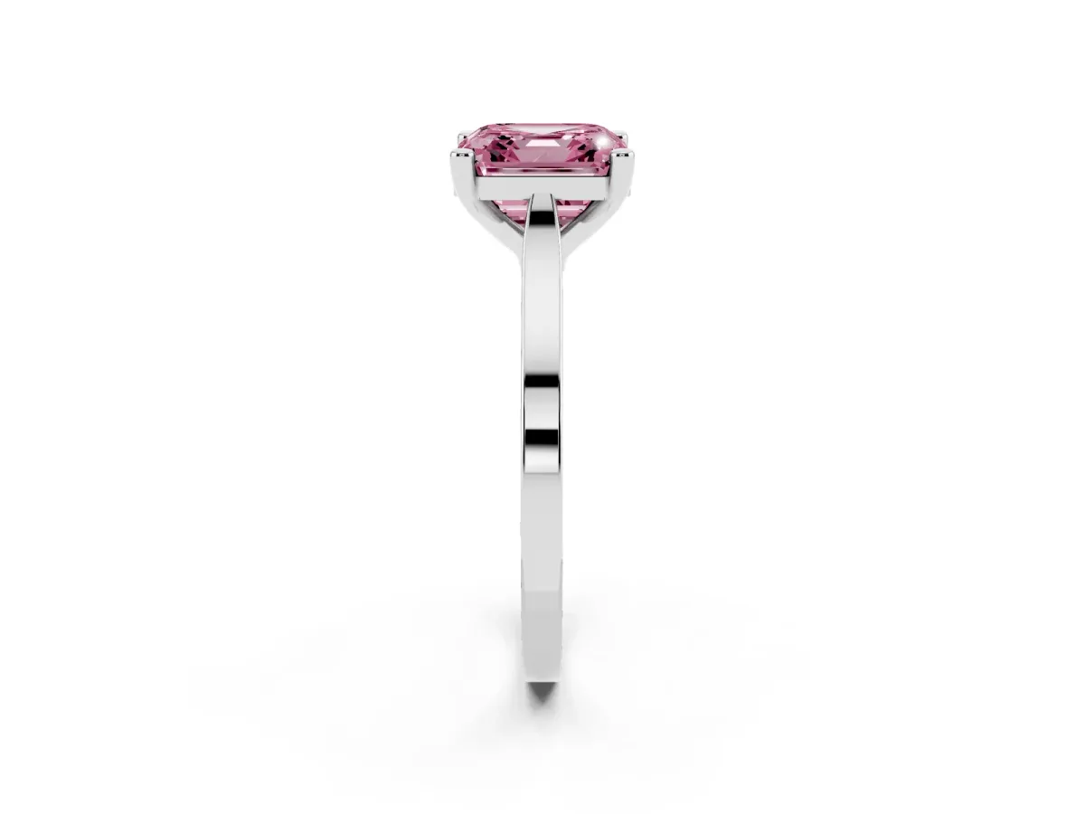 Fancy Pink Asscher Cut Solitaire Diamond Ring with Four-Prong Setting and Tapered Band Platinum