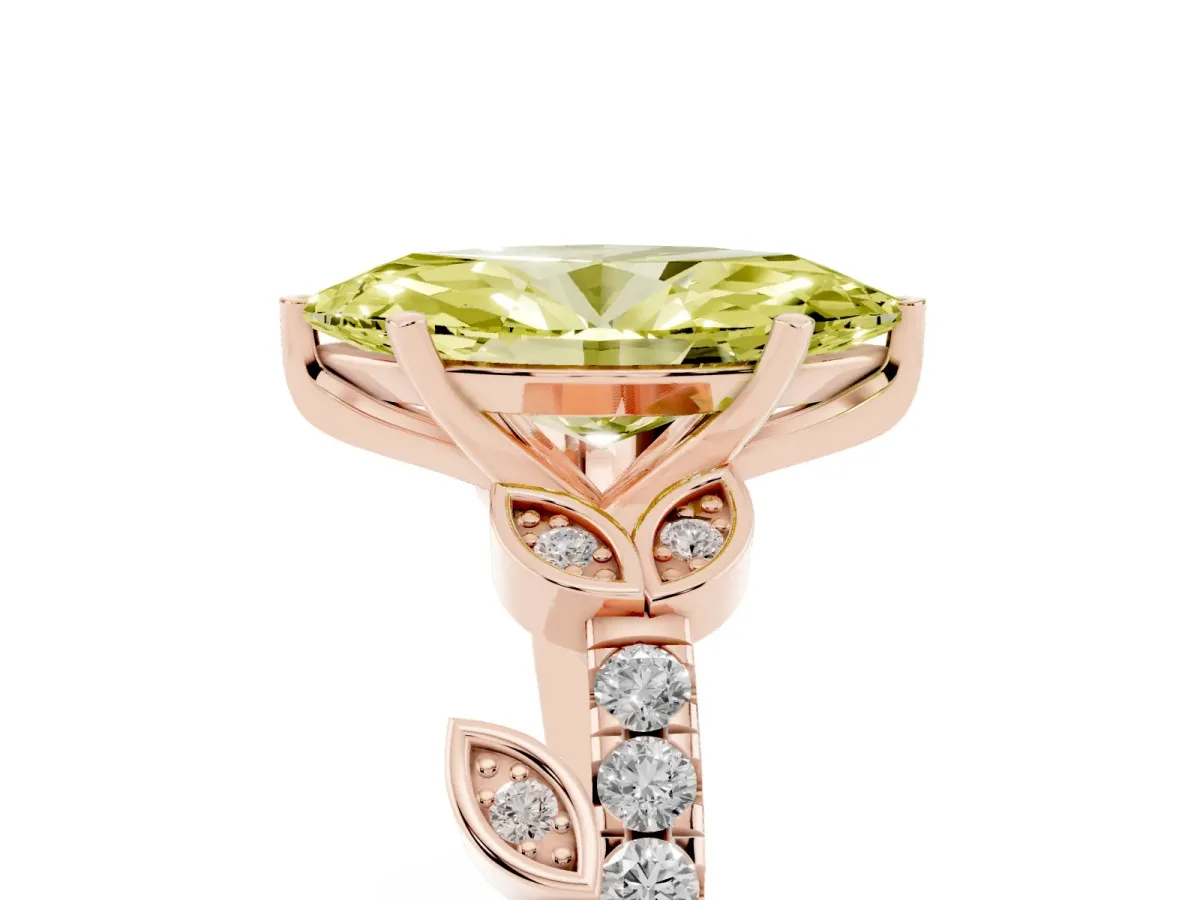 Fancy Yellow Marquise Cut Solitaire Leaf-Inspired Diamond Ring with Pavé Band and Four-Prong Setting Rose gold
