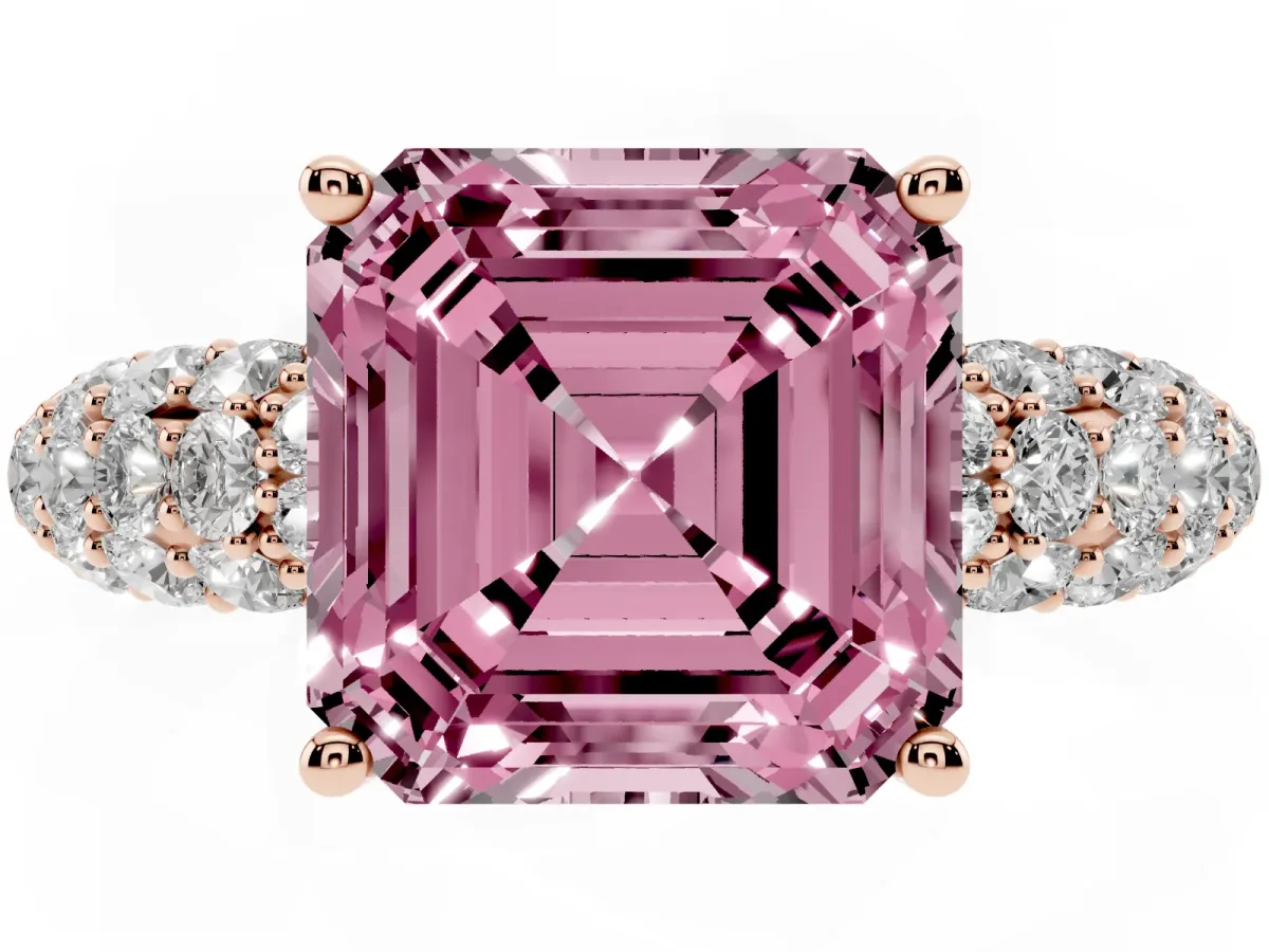 Fancy Pink Asscher Cut Diamond Pavé Band Solitaire Ring with Four-Prong Setting Rose gold