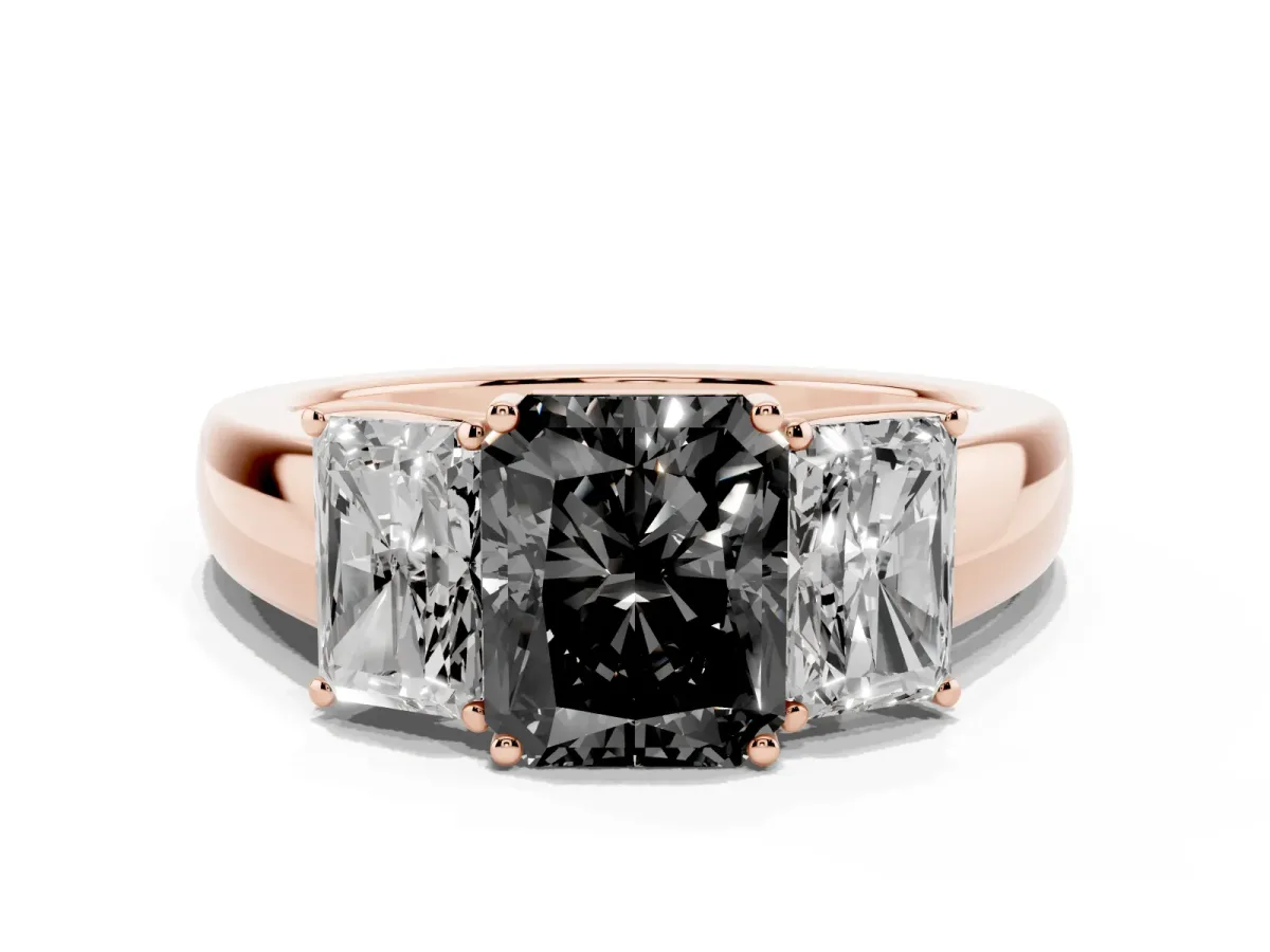 Fancy Black Three-Stone Radiant Cut Cut Diamond Ring with Prong Setting and Classic Band Rose gold