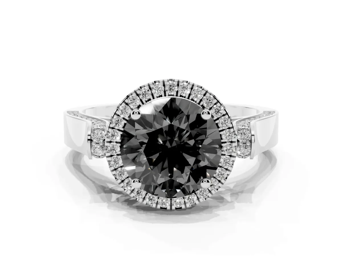 Fancy Black Round Cut Halo Round Diamond Twist Band with Four-Prong Setting Platinum