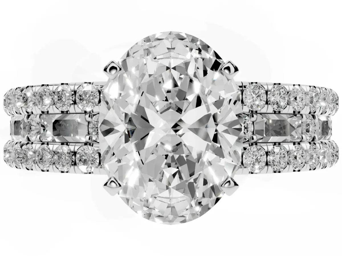 Oval Cut Diamond Solitaire Ring with Pavé and Channel Set Band Silver