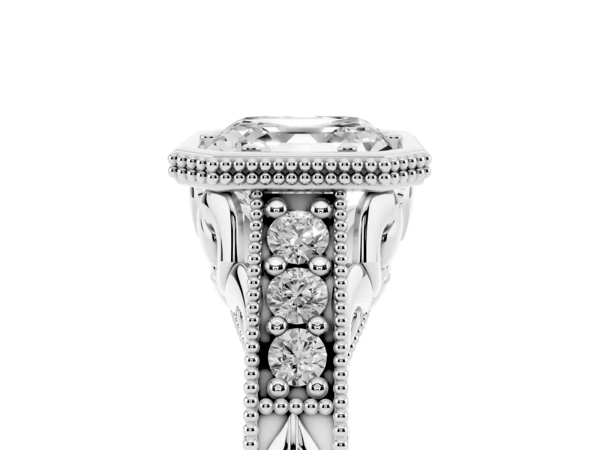 Bezel Set Asscher Cut Diamond Milgrain Pave Engagement Ring White gold