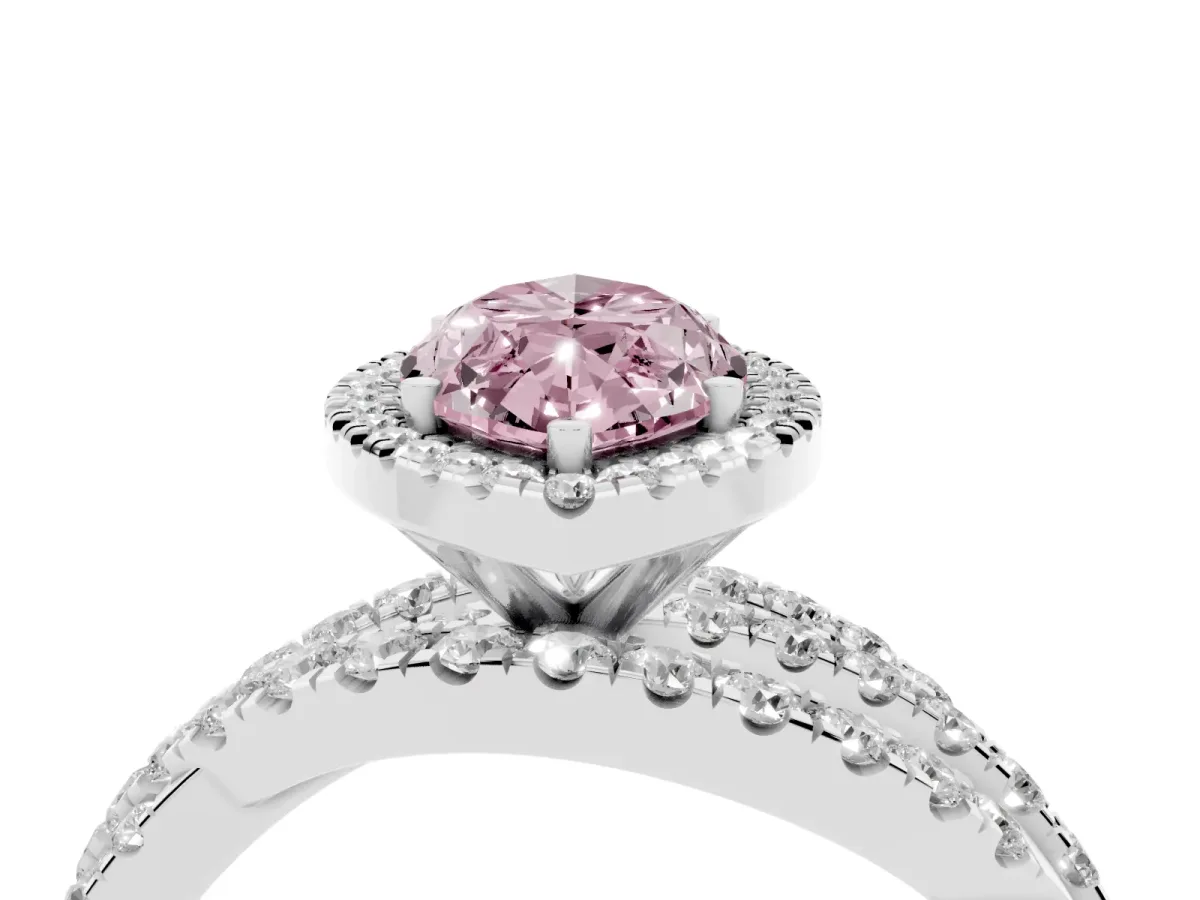 Fancy Pink Marquise Cut Diamond Halo Ring with Round Split Shank and Prong Setting Silver